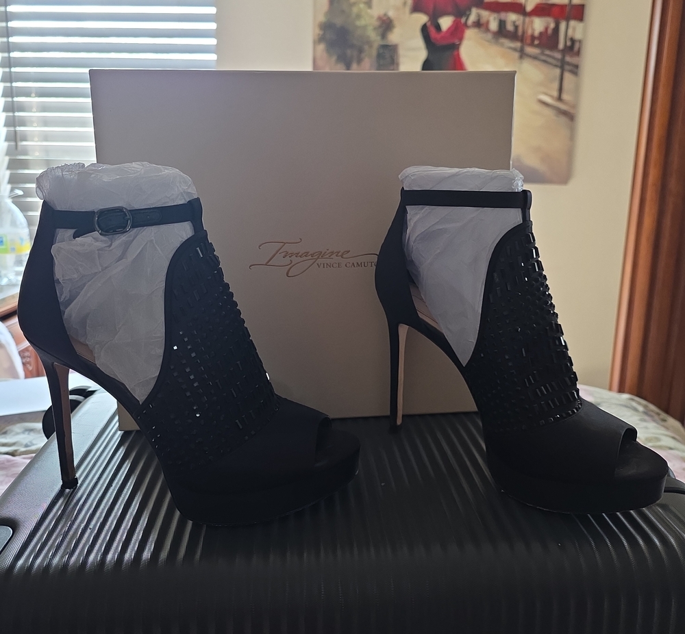 Vince Camuto Black Woven Peep-Toe Stiletto Booties